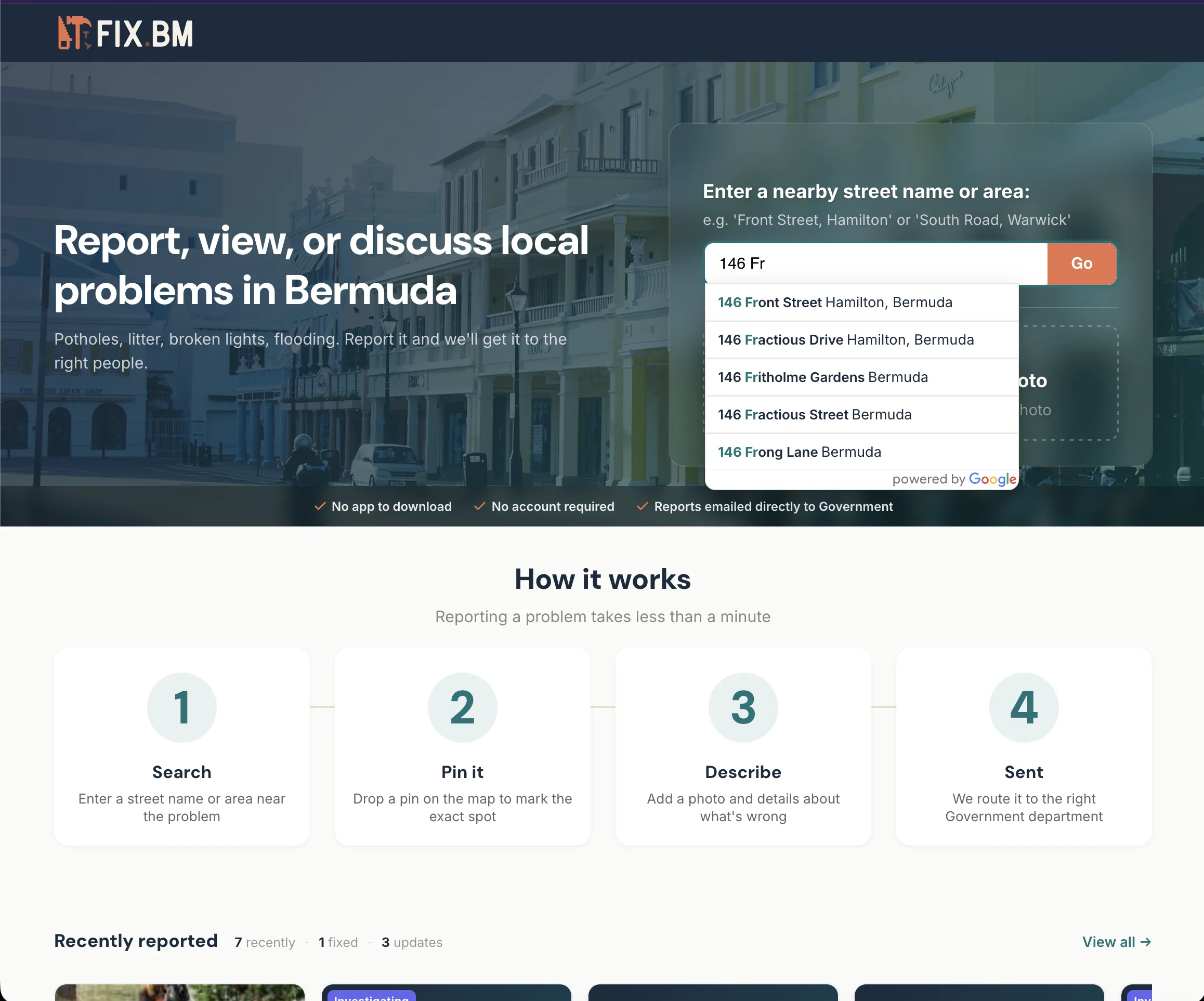 fix.bm citizen reporting platform showing search interface and how-it-works flow