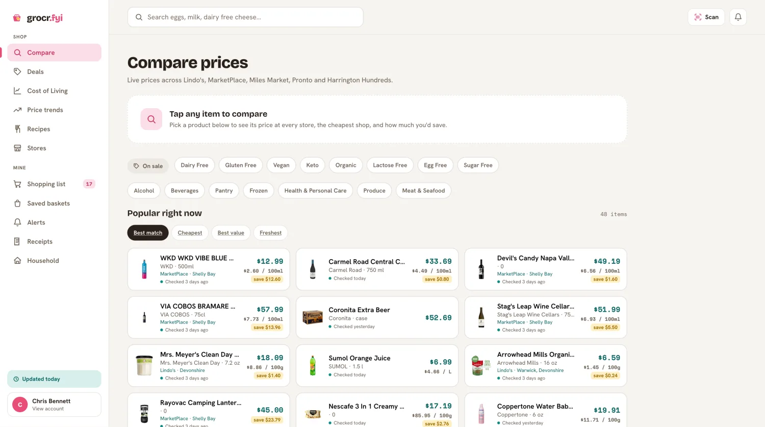 Grocr Compare — live prices for a product across Lindo's, MarketPlace, Miles Market, Pronto and Harrington Hundreds