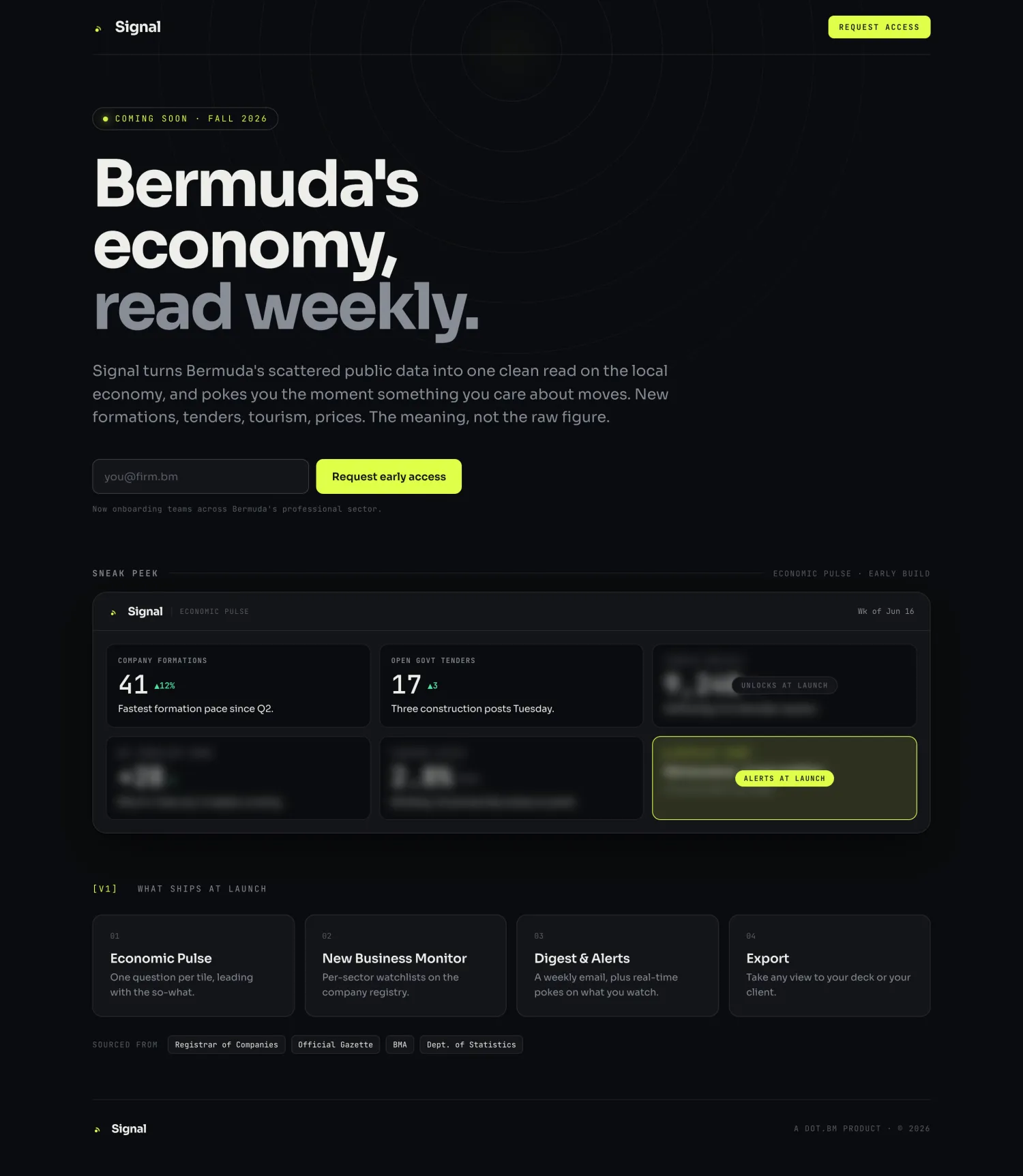 Signal — Bermuda's economy read weekly: coming-soon hero with an early-access form and an acid-lime accent
