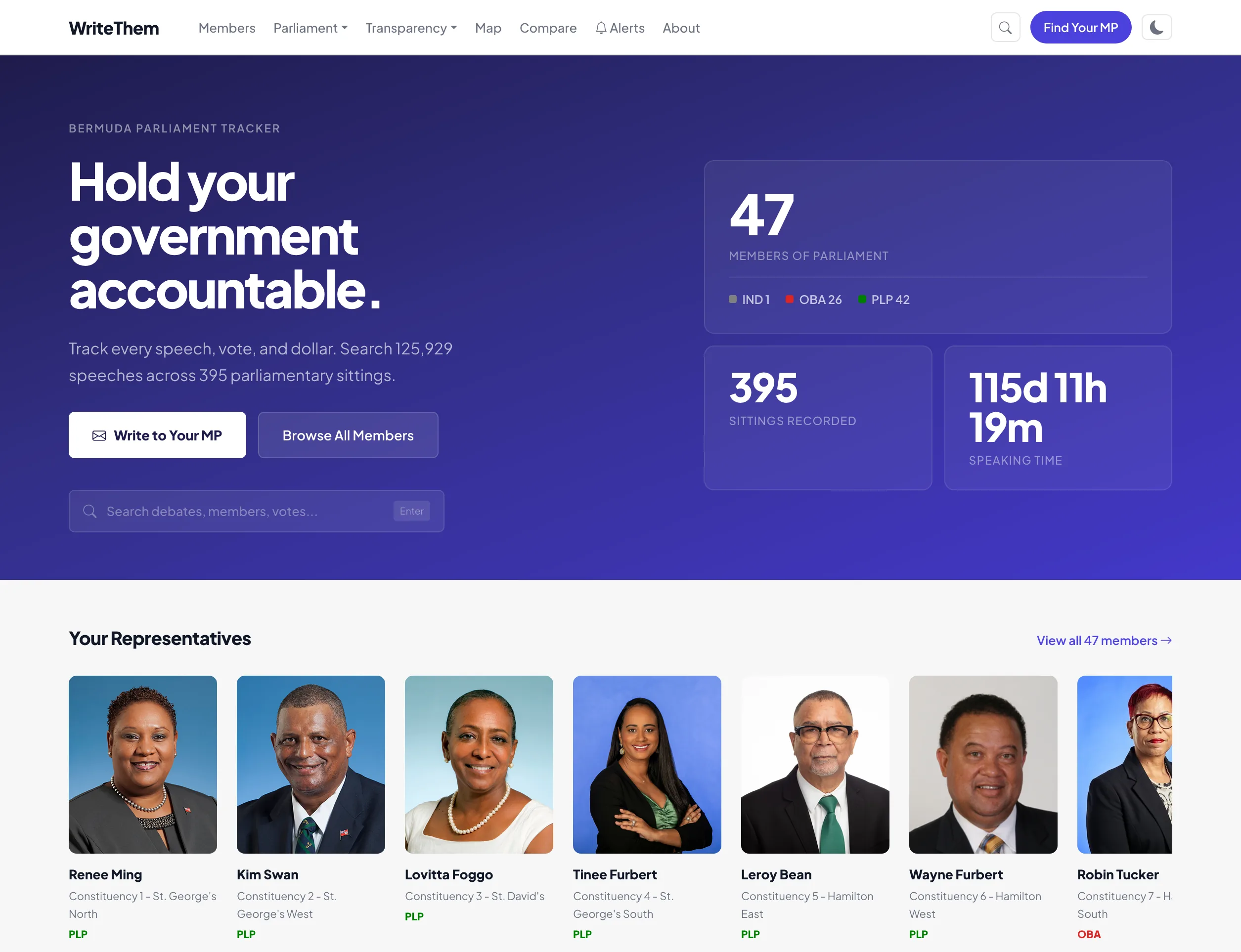writethem.bm showing Know your representatives hero with search, stats, and house composition